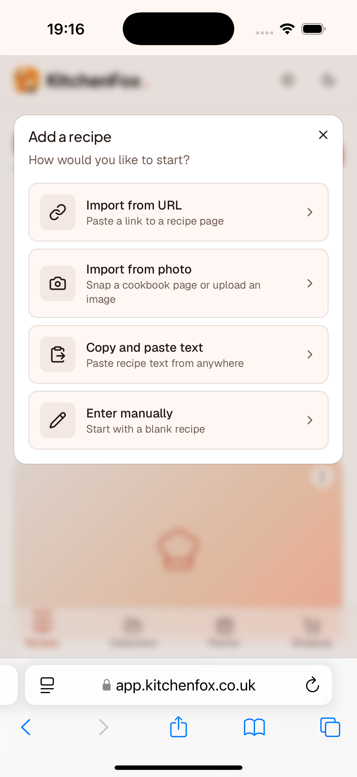 KitchenFox recipe import options