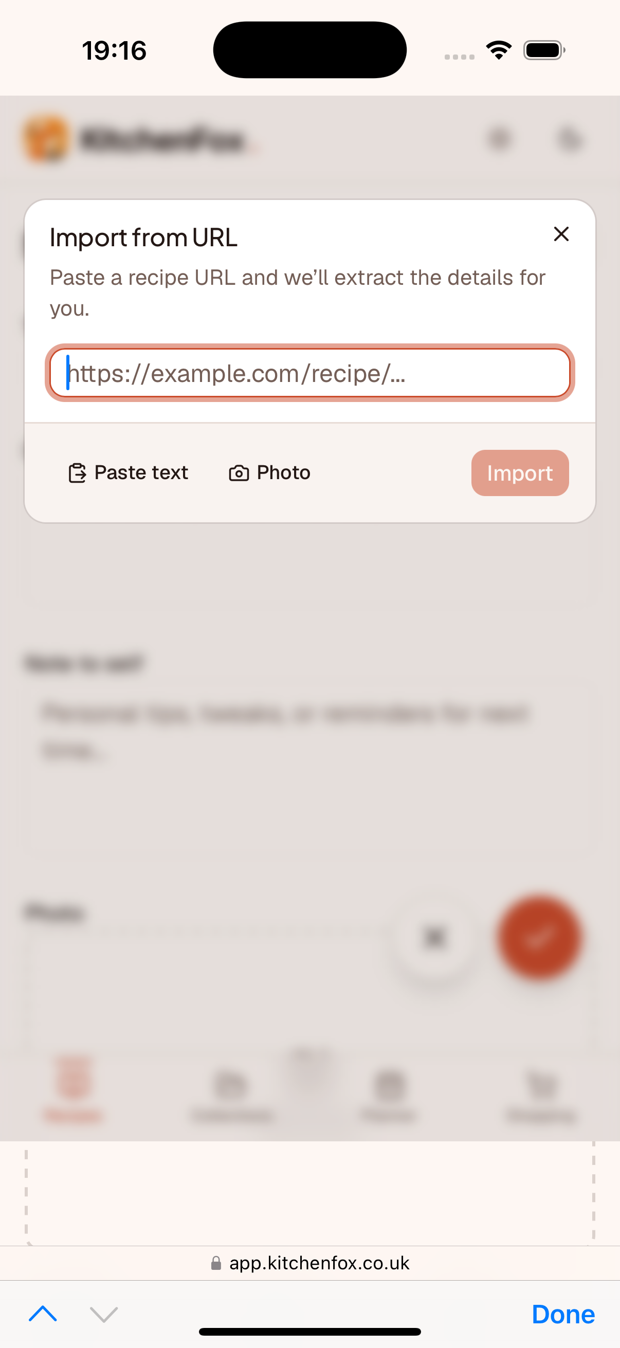 Importing a recipe by URL in KitchenFox