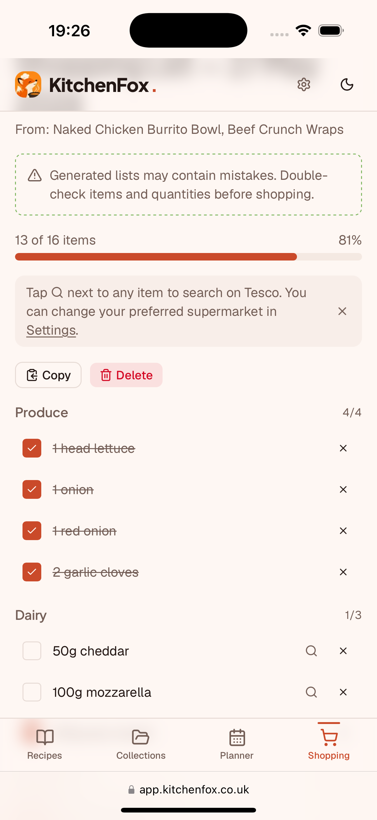 KitchenFox combined shopping list